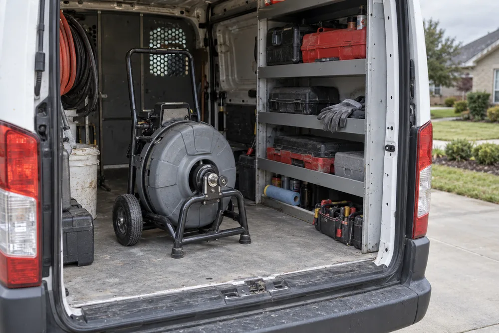 Sewer rodding equipment stored inside a service van